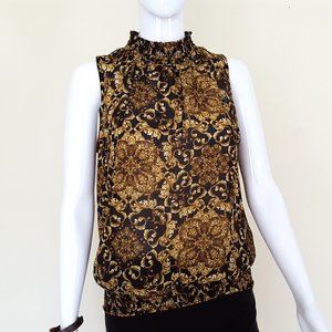 Baroque Renaissance Pattern Mock Neck Sleeveless Blouse Top Gold Black Size M